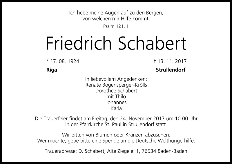  Traueranzeige für Friedrich Schabert vom 17.11.2017 aus MGO