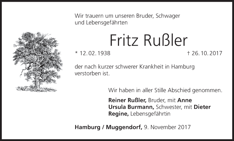  Traueranzeige für Fritz Rußler vom 11.11.2017 aus MGO