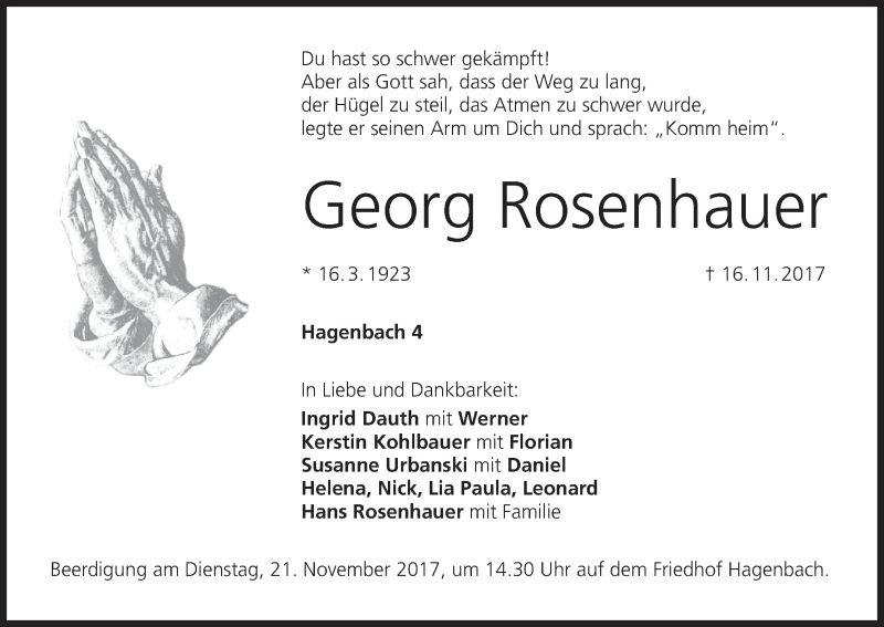  Traueranzeige für Georg Rosenhauer vom 18.11.2017 aus MGO