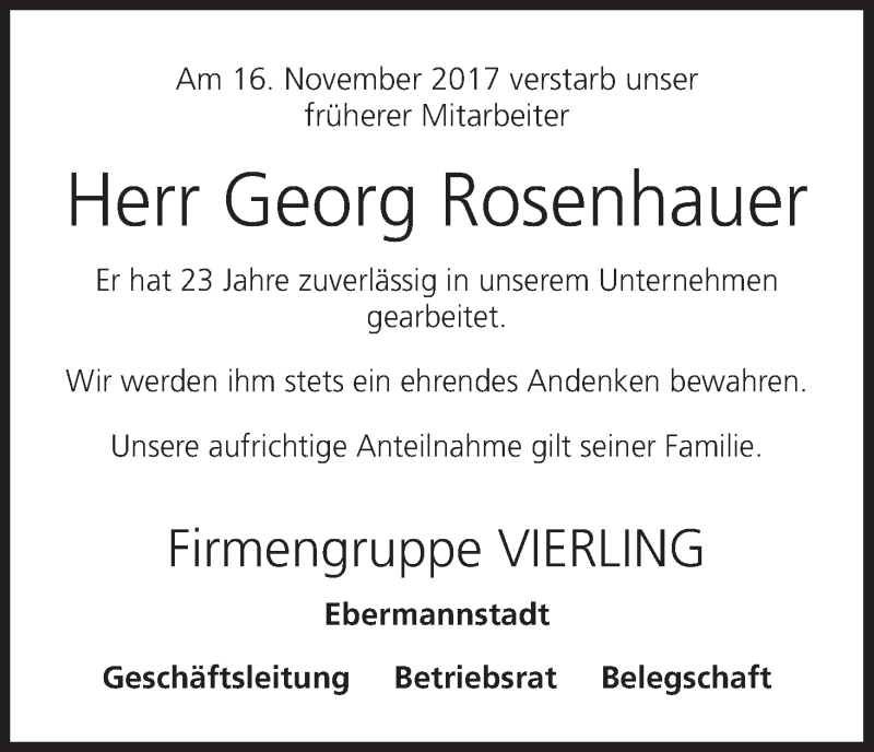  Traueranzeige für Georg Rosenhauer vom 21.11.2017 aus MGO