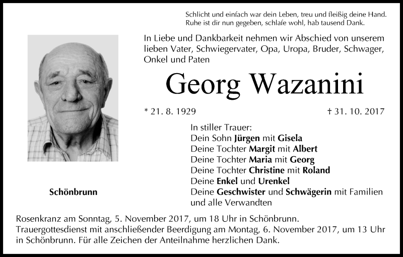  Traueranzeige für Georg Wazanini vom 03.11.2017 aus MGO