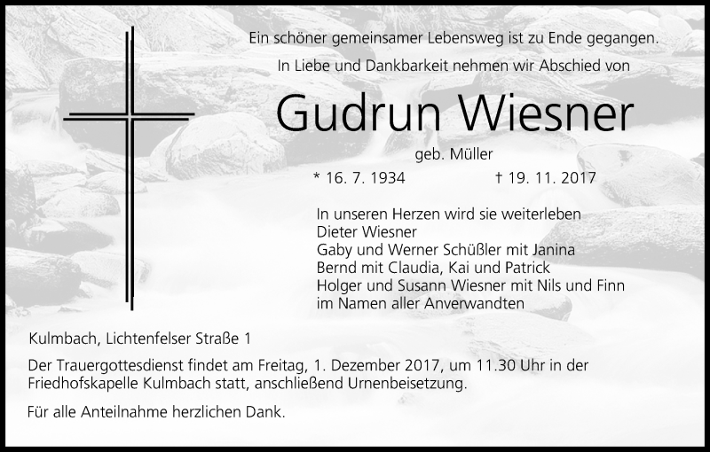  Traueranzeige für Gudrun Wiesner vom 29.11.2017 aus MGO