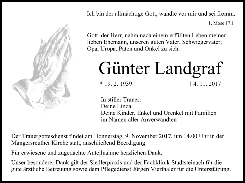  Traueranzeige für Günter Landgraf vom 07.11.2017 aus MGO