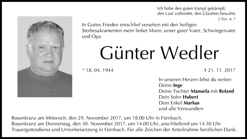  Traueranzeige für Günter Wedler vom 25.11.2017 aus MGO