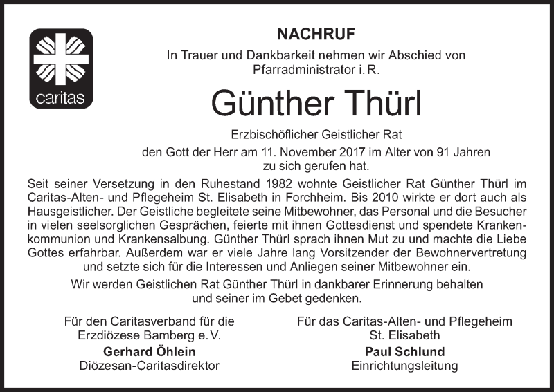  Traueranzeige für Günther Thürl vom 14.11.2017 aus MGO