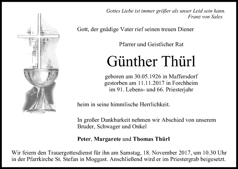  Traueranzeige für Günther Thürl vom 16.11.2017 aus MGO