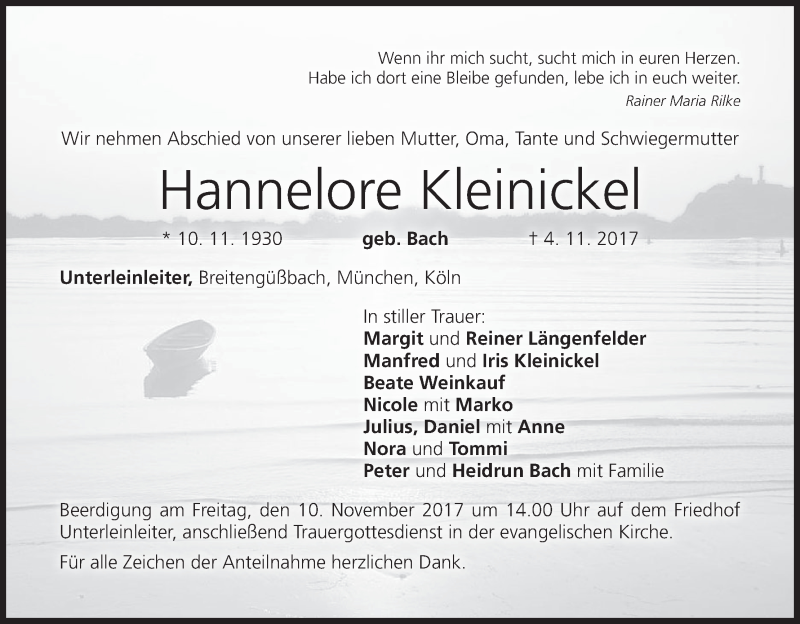  Traueranzeige für Hannelore Kleinickel vom 07.11.2017 aus MGO