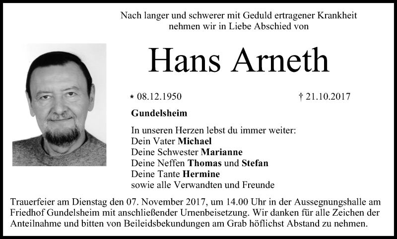  Traueranzeige für Hans Arneth vom 04.11.2017 aus MGO
