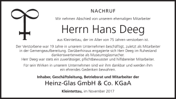 Anzeige von Hans Deeg von MGO