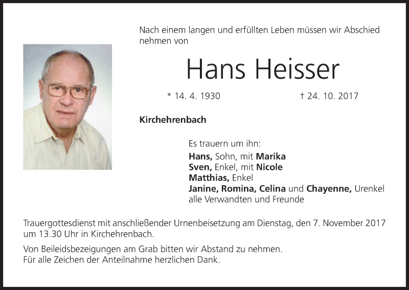  Traueranzeige für Hans Heisser vom 02.11.2017 aus MGO