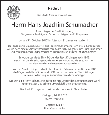 Anzeige von Hans-Joachim Schumacher von MGO