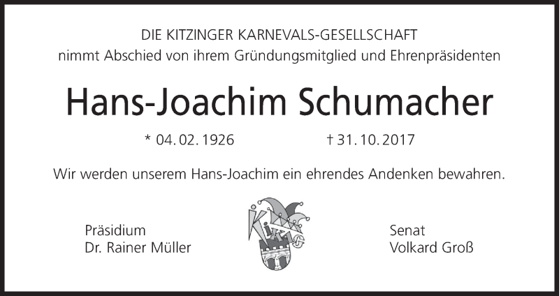  Traueranzeige für Hans-Joachim Schumacher vom 15.11.2017 aus MGO
