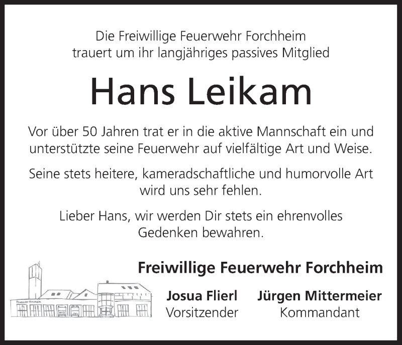  Traueranzeige für Hans Leikam vom 08.11.2017 aus MGO