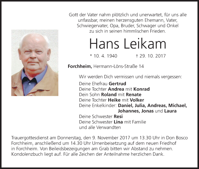  Traueranzeige für Hans Leikam vom 04.11.2017 aus MGO