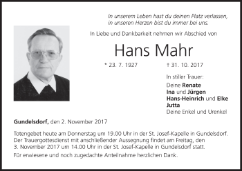 Anzeige von Hans Mahr von MGO