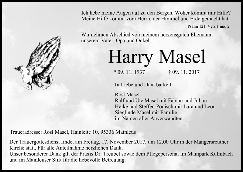  Traueranzeige für Harry Masel vom 15.11.2017 aus MGO