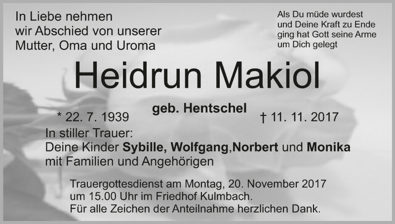  Traueranzeige für Heidrun Makiol vom 17.11.2017 aus MGO