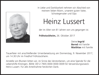 Anzeige von Heinz Lussert von MGO
