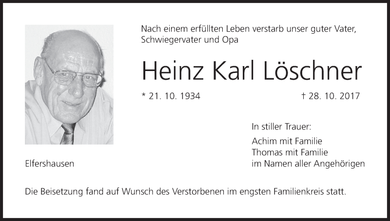  Traueranzeige für Heinz Karl Löschner vom 18.11.2017 aus MGO
