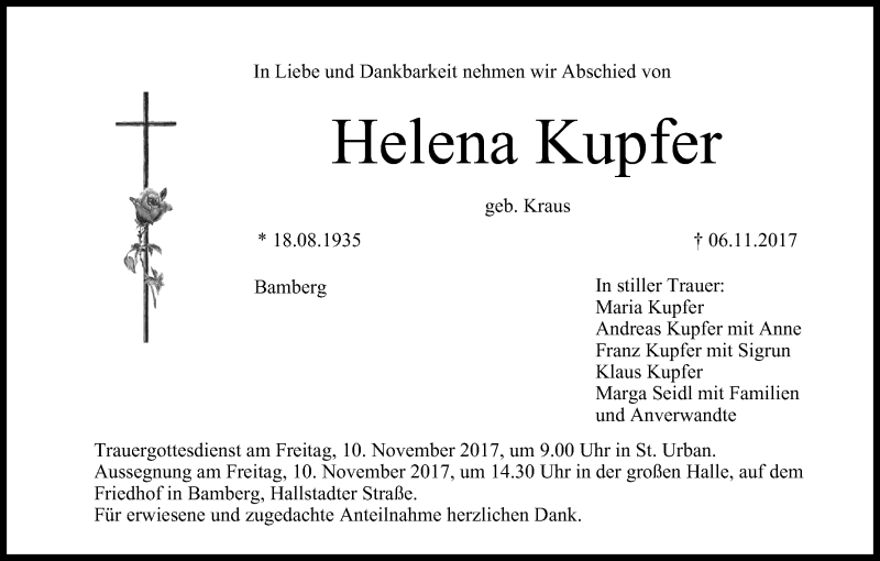  Traueranzeige für Helena Kupfer vom 08.11.2017 aus MGO