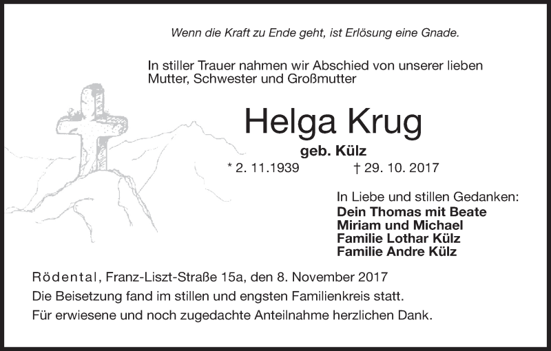  Traueranzeige für Helga Krug vom 08.11.2017 aus MGO