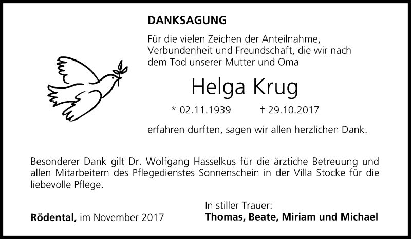  Traueranzeige für Helga Krug vom 18.11.2017 aus MGO