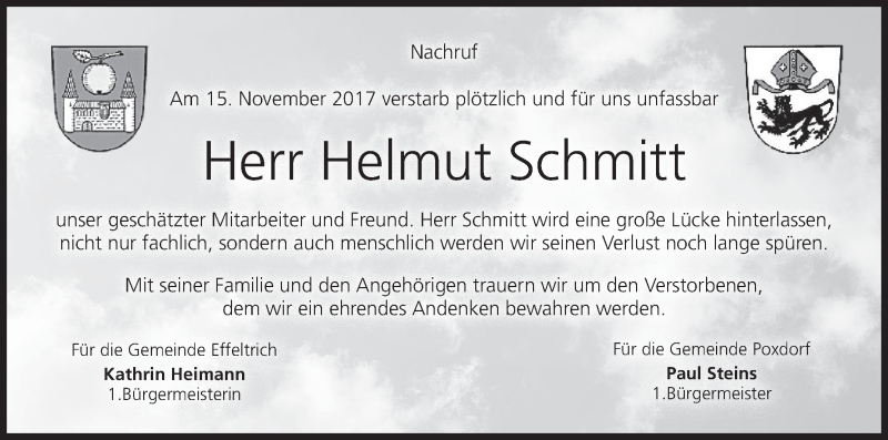  Traueranzeige für Helmut Schmitt vom 20.11.2017 aus MGO