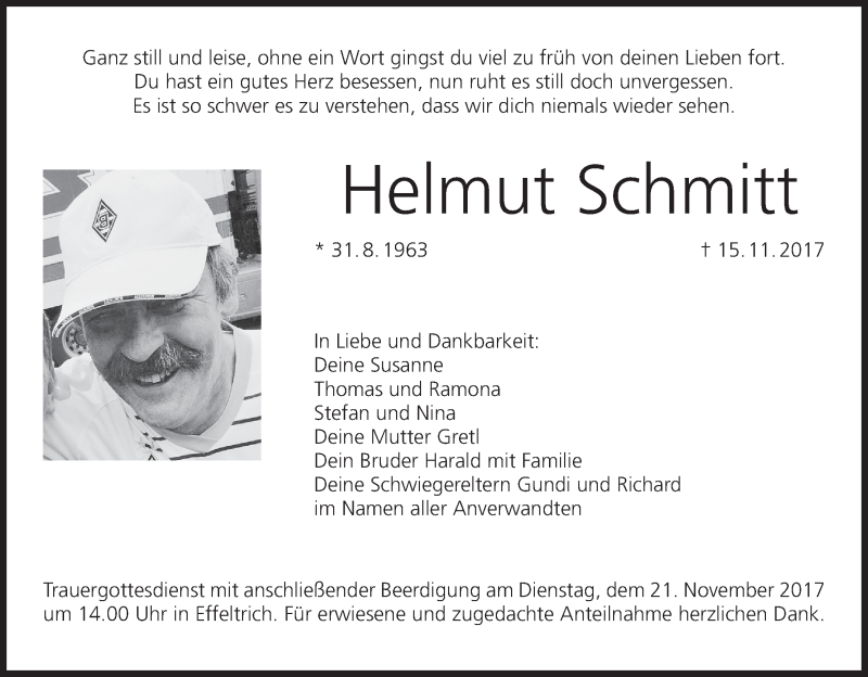  Traueranzeige für Helmut Schmitt vom 18.11.2017 aus MGO