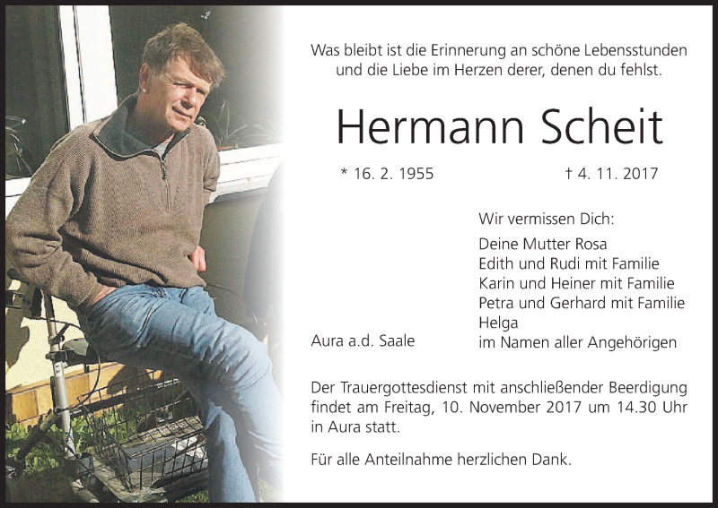  Traueranzeige für Hermann Scheit vom 08.11.2017 aus MGO