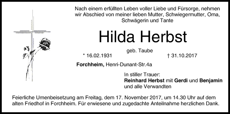  Traueranzeige für Hilda Herbst vom 11.11.2017 aus MGO