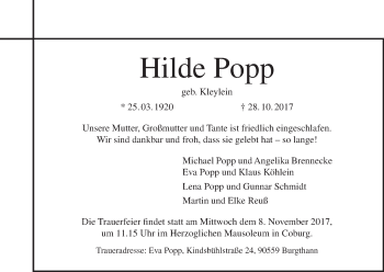 Anzeige von Hilde Popp von MGO