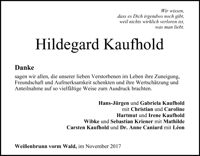  Traueranzeige für Hildegard Kaufhold vom 25.11.2017 aus MGO