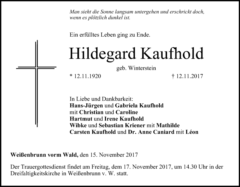  Traueranzeige für Hildegard Kaufhold vom 15.11.2017 aus MGO