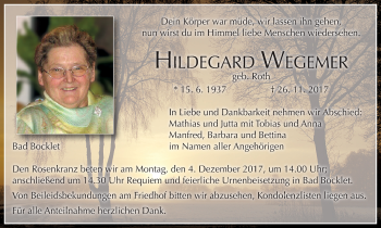 Anzeige von Hildegard Wegemer von MGO