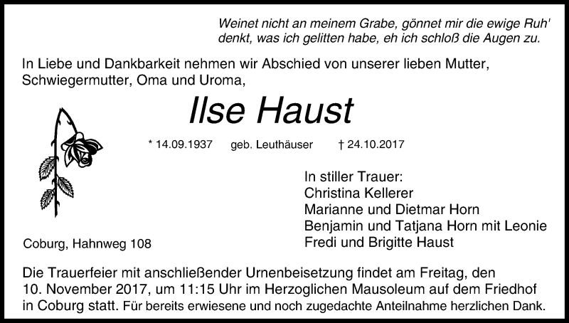  Traueranzeige für Ilse Haust vom 07.11.2017 aus MGO