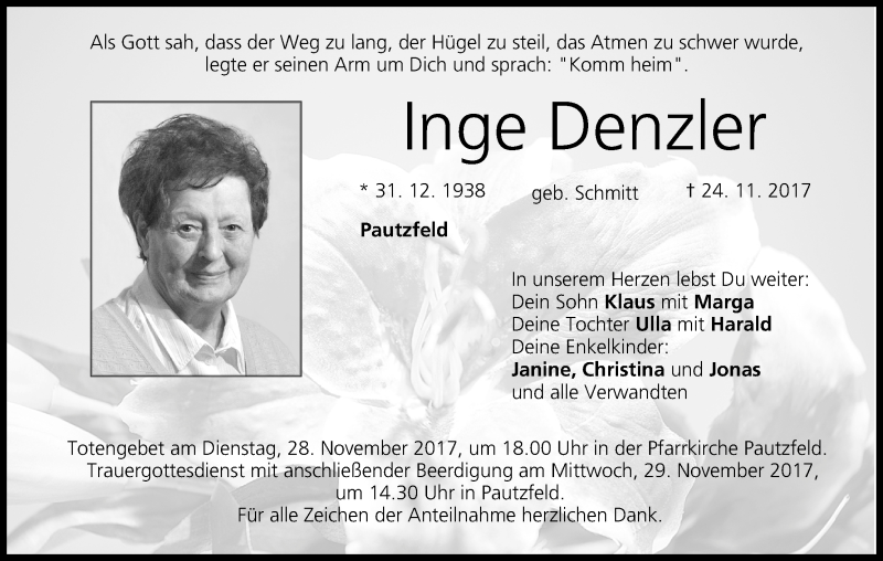  Traueranzeige für Inge Denzler vom 25.11.2017 aus MGO