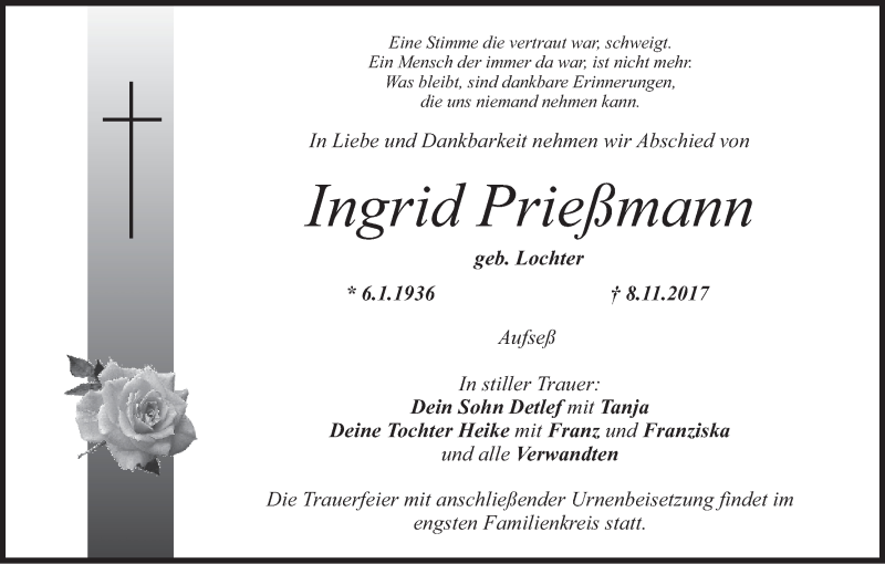  Traueranzeige für Ingrid Prießmann vom 11.11.2017 aus MGO