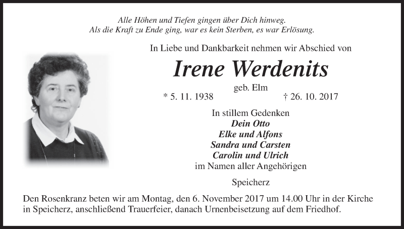  Traueranzeige für Irene Werdenits vom 02.11.2017 aus MGO