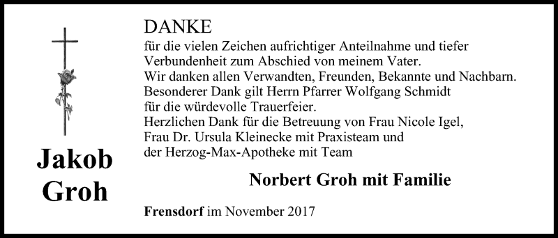  Traueranzeige für Jakob Groh vom 18.11.2017 aus MGO