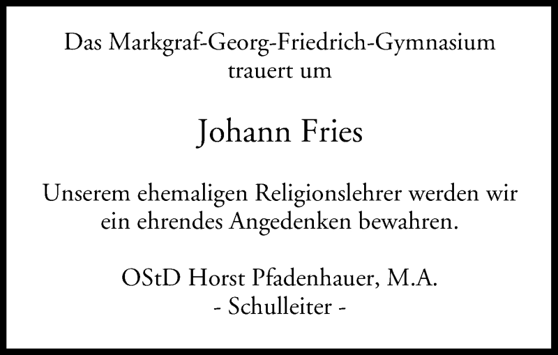  Traueranzeige für Johann Fries vom 09.11.2017 aus MGO
