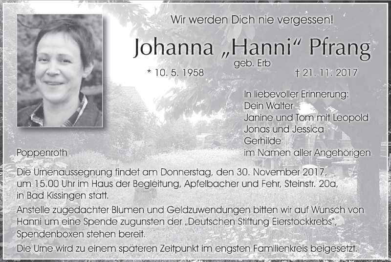  Traueranzeige für Johanna Pfrang vom 25.11.2017 aus MGO