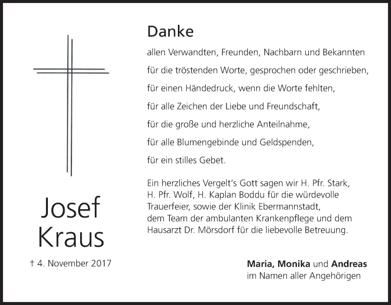  Traueranzeige für Josef Kraus vom 18.11.2017 aus MGO