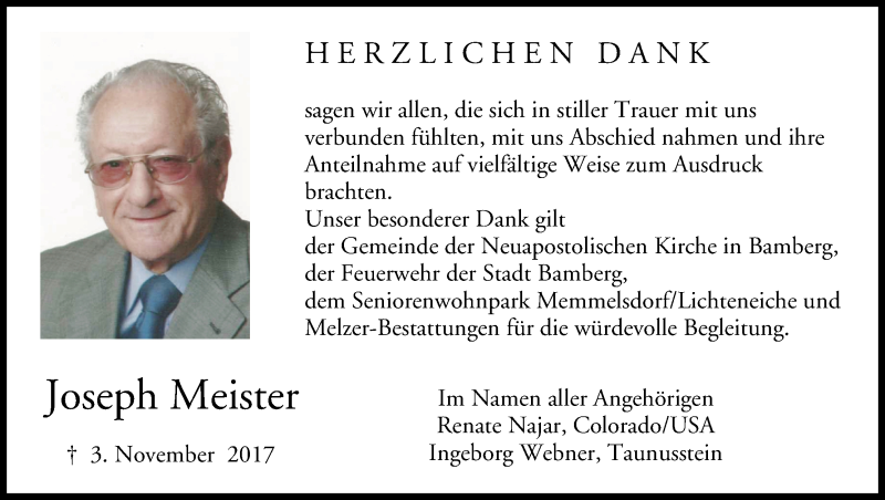  Traueranzeige für Joseph Meister vom 25.11.2017 aus MGO