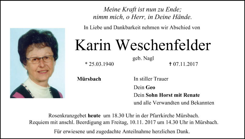  Traueranzeige für Karin Weschenfelder vom 09.11.2017 aus MGO