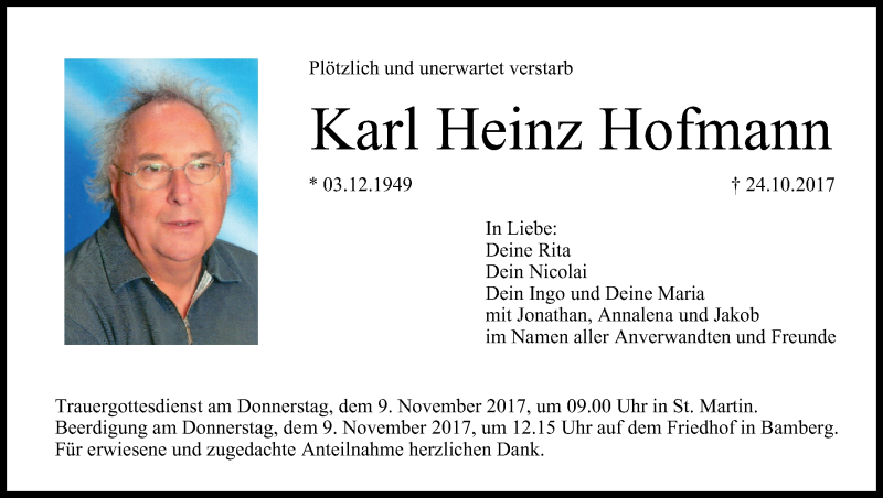  Traueranzeige für Karl Heinz Hofmann vom 04.11.2017 aus MGO