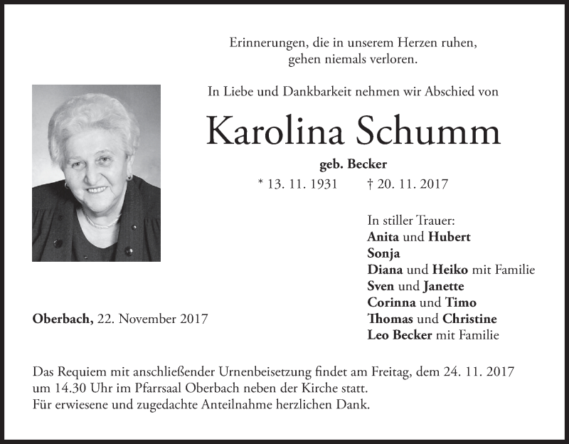 Traueranzeige für Karolina Schumm vom 22.11.2017 aus MGO