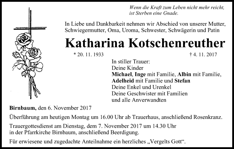  Traueranzeige für Katharina Kotschenreuther vom 06.11.2017 aus MGO