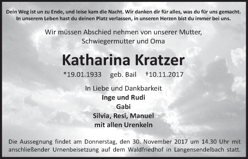  Traueranzeige für Katharina Kratzer vom 28.11.2017 aus MGO