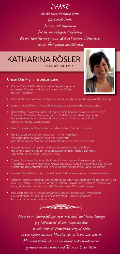  Traueranzeige für Katharina Rösler vom 25.11.2017 aus MGO