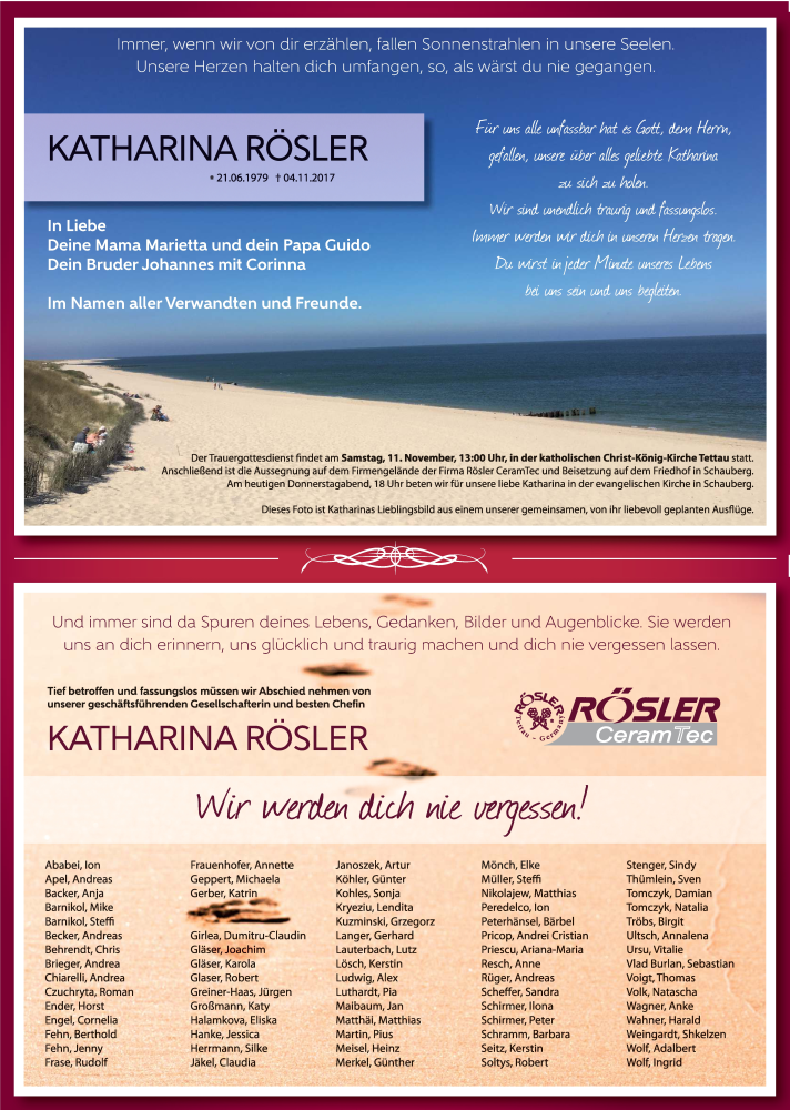  Traueranzeige für Katharina Rösler vom 09.11.2017 aus MGO